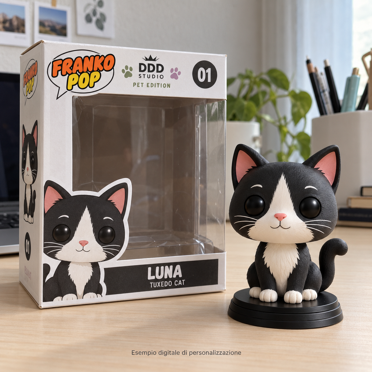 Esempio digitale FRANKO POP PET EDITION: statuetta personalizzata di gatto bianco e nero con box bianca.